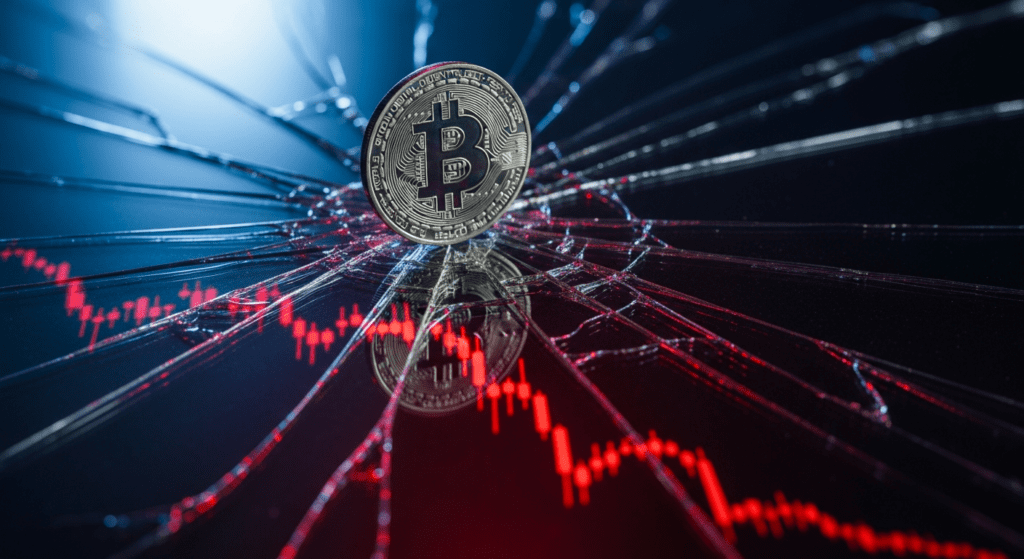 Bitcoin coin on cracked glass with a falling red price chart