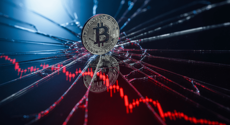 Bitcoin coin on cracked glass with a falling red price chart