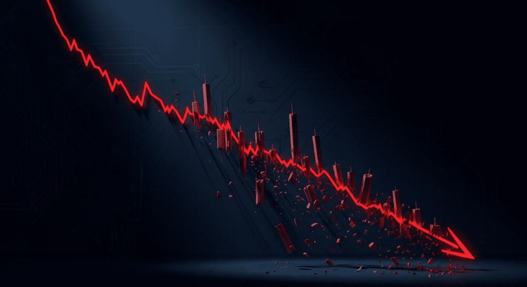 Red crypto market price chart crashing downward on a dark background