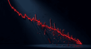 Red crypto market price chart crashing downward on a dark background