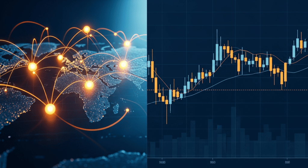 XRP cross-border payment network beside a candlestick price chart
