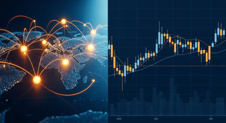 XRP cross-border payment network beside a candlestick price chart