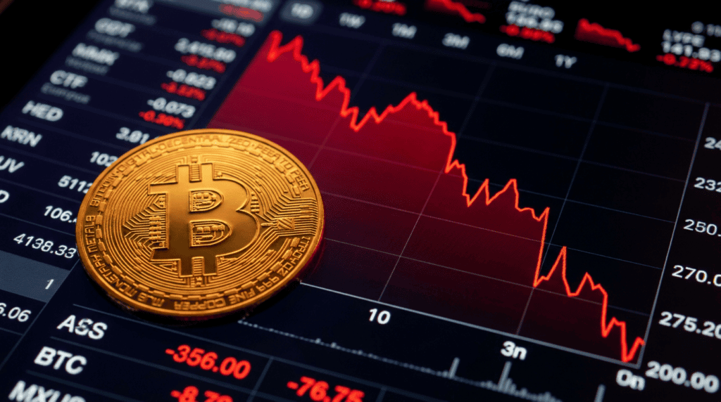Bitcoin coin in front of a declining stock market chart