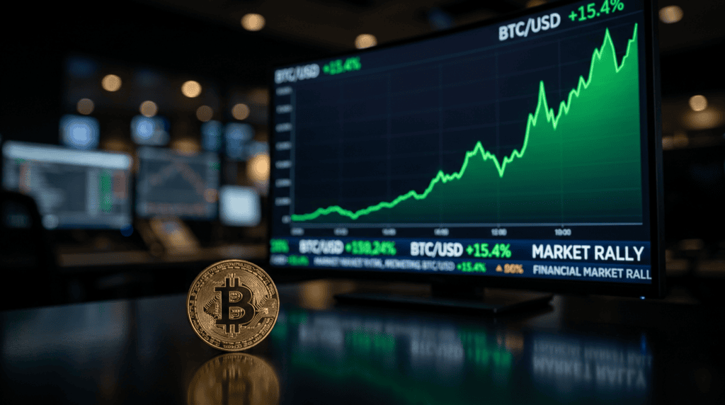 Bitcoin coin in front of a rising market rally chart