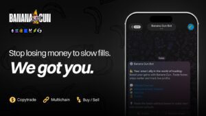 Banana Gun Telegram bot interface showing copytrade, multichain and buy/sell features