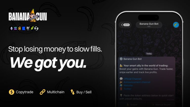 Banana Gun Telegram bot interface showing copytrade, multichain and buy/sell features