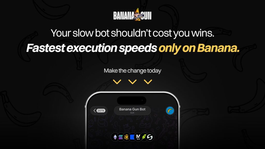 Banana Gun Telegram bot on a phone showing multichain support for Ethereum, Solana, Base and BNB Chain