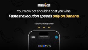 Banana Gun Telegram bot on a phone showing multichain support for Ethereum, Solana, Base and BNB Chain