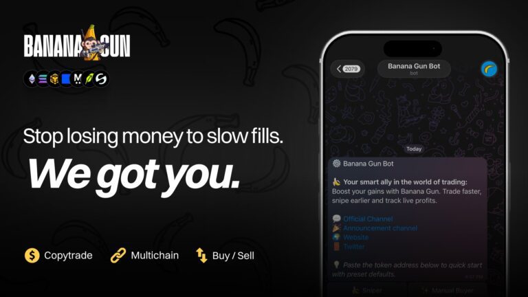 Banana Gun Telegram trading bot promo: stop losing money to slow fills, copytrade, multichain, buy and sell