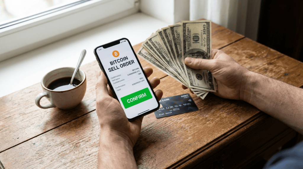 can you cash out bitcoin for real money - hands holding a phone with a bitcoin sell order next to US dollar bills and a debit card