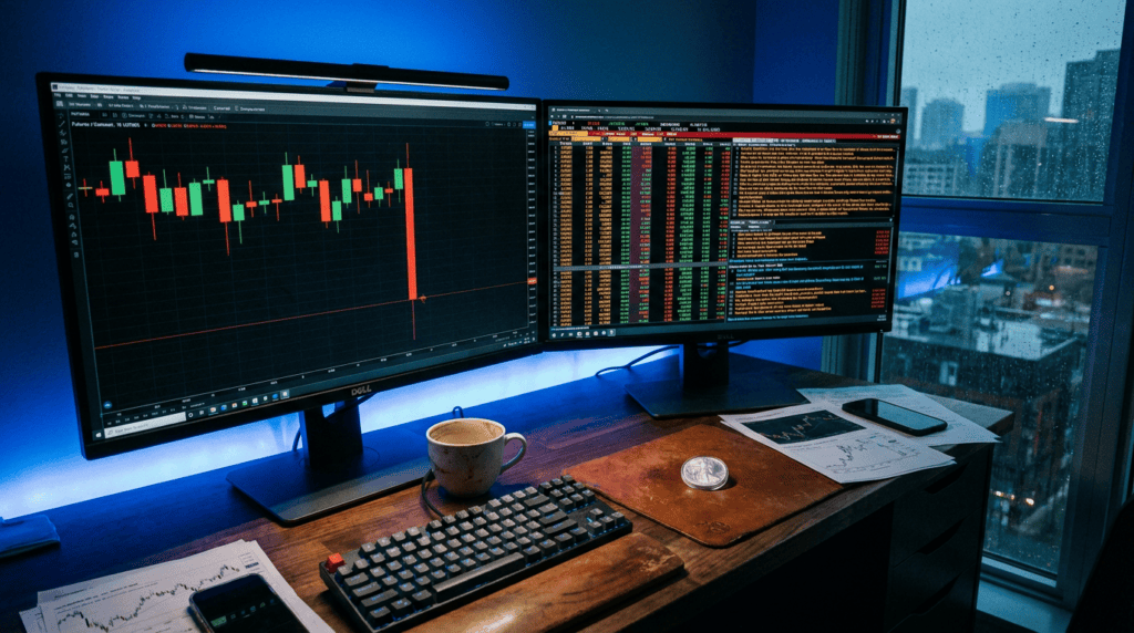 xrp liquidation imbalance - futures chart with a sharp downward liquidation wick on a trading desk