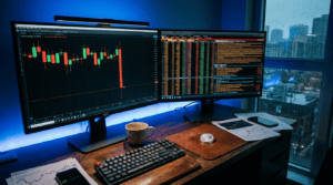 xrp liquidation imbalance - futures chart with a sharp downward liquidation wick on a trading desk