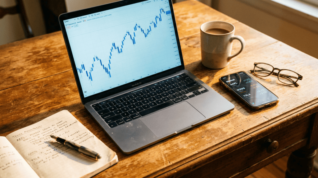 xrp price today - live candlestick chart on a laptop with a market ticker on a phone