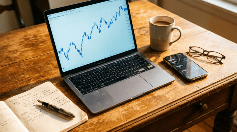 xrp price today - live candlestick chart on a laptop with a market ticker on a phone