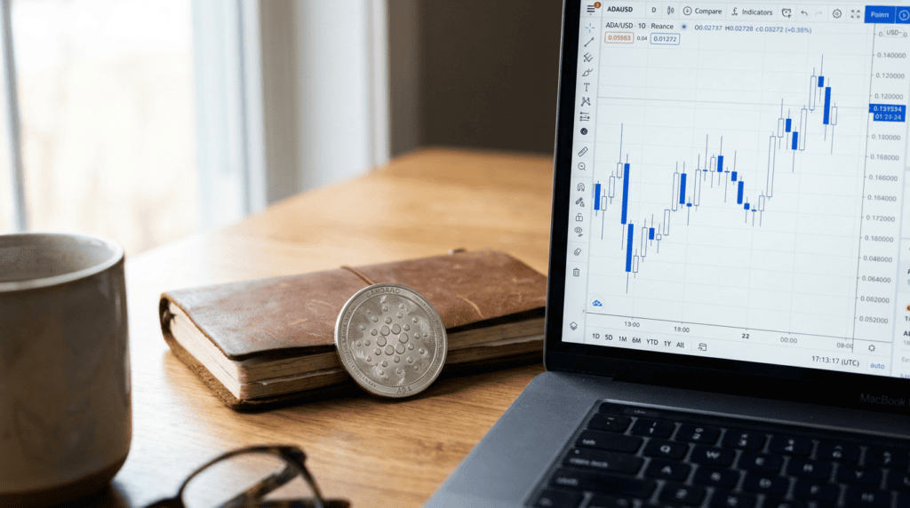 ada crypto price - Cardano ADA coin beside a laptop showing an ADA/USD candlestick chart