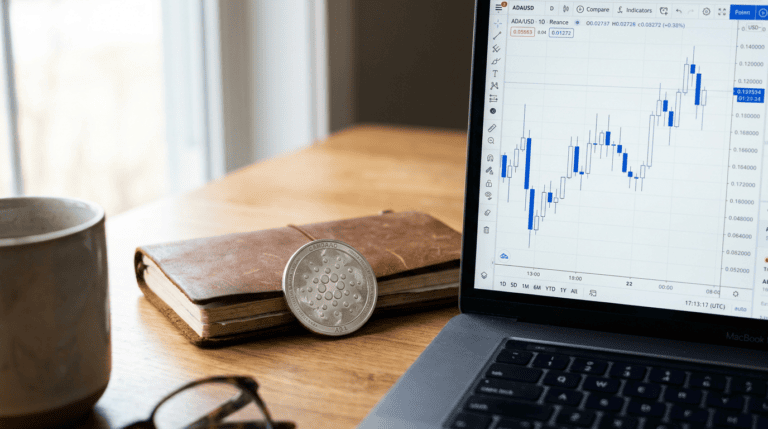ada crypto price - Cardano ADA coin beside a laptop showing an ADA/USD candlestick chart