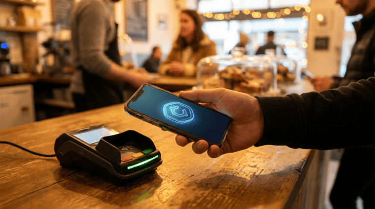 amp crypto price - contactless crypto payment at a shop counter with a token icon on the phone