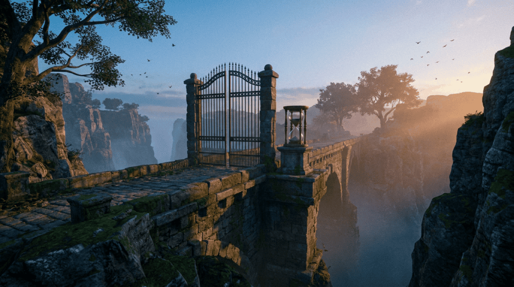 arbitrum bridge - stone bridge over a canyon with an iron gate and an hourglass at the midpoint