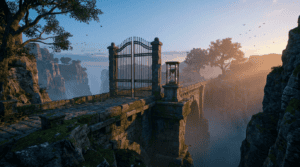 arbitrum bridge - stone bridge over a canyon with an iron gate and an hourglass at the midpoint
