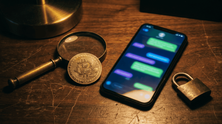 bitcoin forum - bitcoin coin, magnifying glass and a phone chat beside a padlock