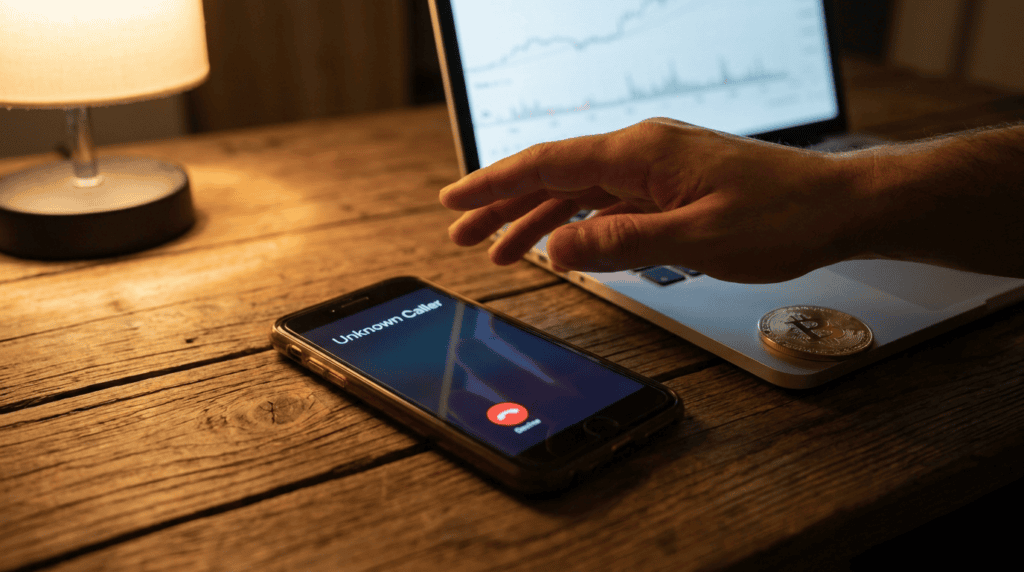 crypto customer service phone number - smartphone with an unknown incoming call on a desk