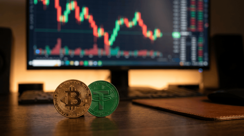 current btc usdt price - bitcoin and tether coins on a trading desk with a candlestick chart behind them