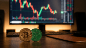 current btc usdt price - bitcoin and tether coins on a trading desk with a candlestick chart behind them