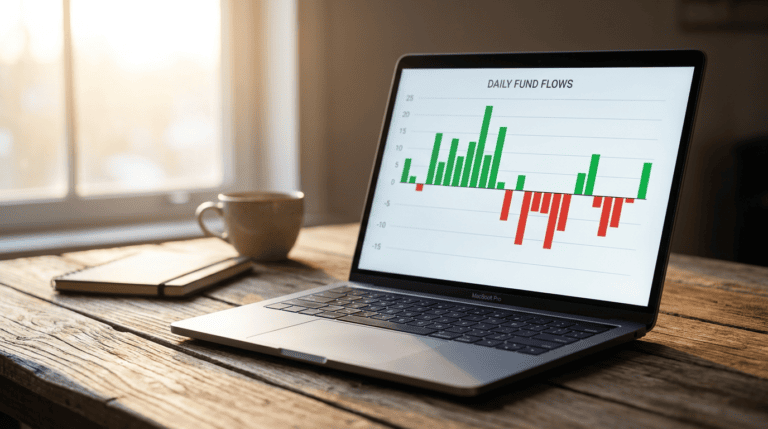 ethereum etf news today - laptop chart of daily fund flows with green and red bars