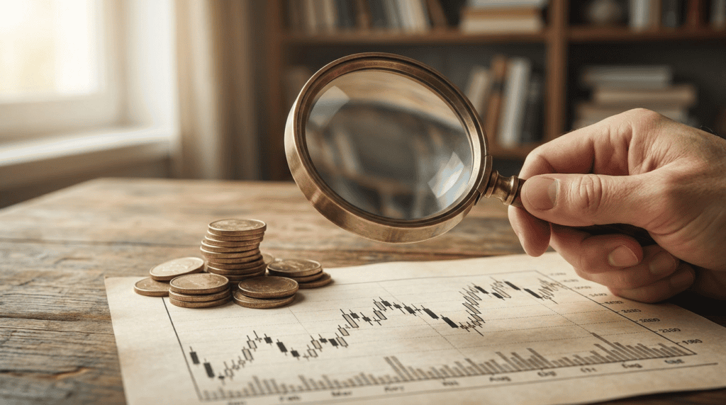 next big crypto - magnifying glass over a candlestick chart