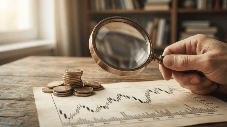next big crypto - magnifying glass over a candlestick chart