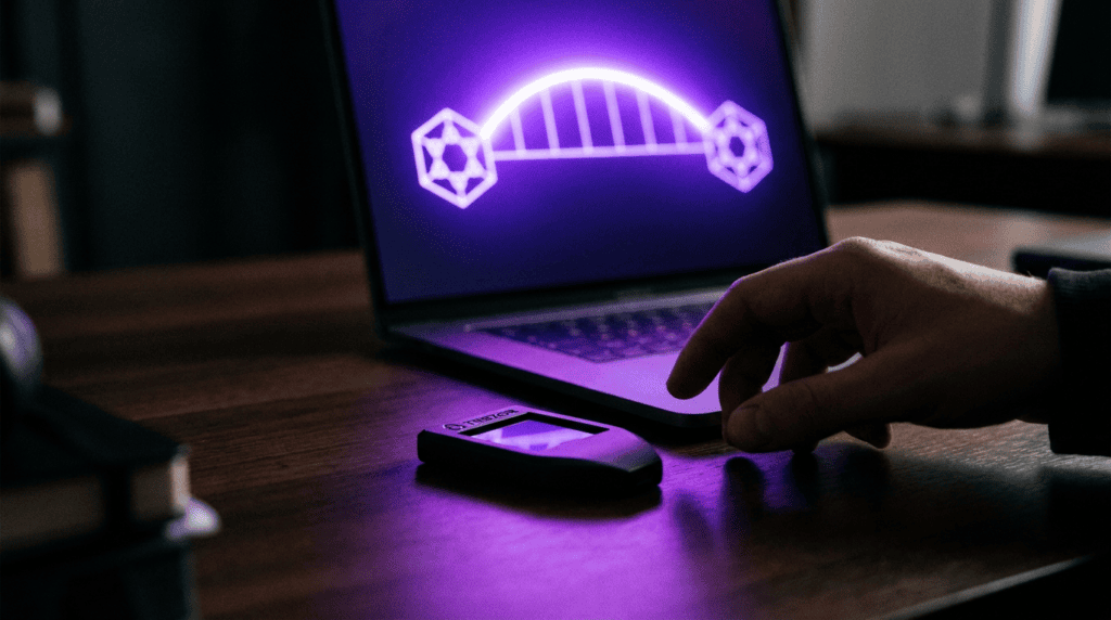 polygon bridge - hardware wallet beside a laptop showing a glowing bridge between two network symbols