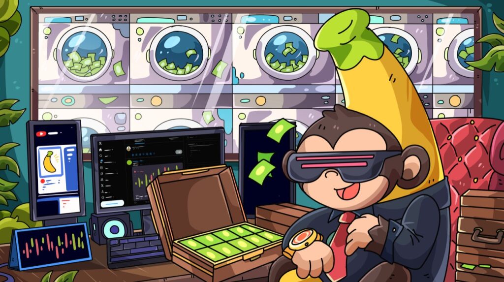 Banana Gun monkey in a suit and VR visor with a briefcase of cash in front of washing machines