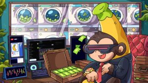 Banana Gun monkey in a suit and VR visor with a briefcase of cash in front of washing machines