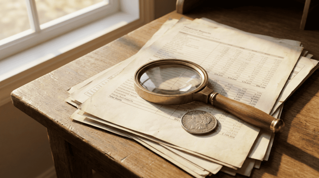 xrp etf demand growing - magnifying glass on a stack of financial reports beside a silver coin