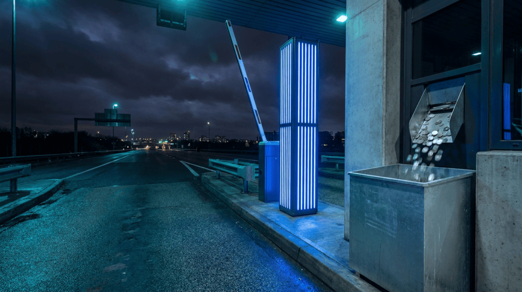 xrp transaction fees spike - empty toll lane at night with a column of rising blue lights and coins falling into a steel bin